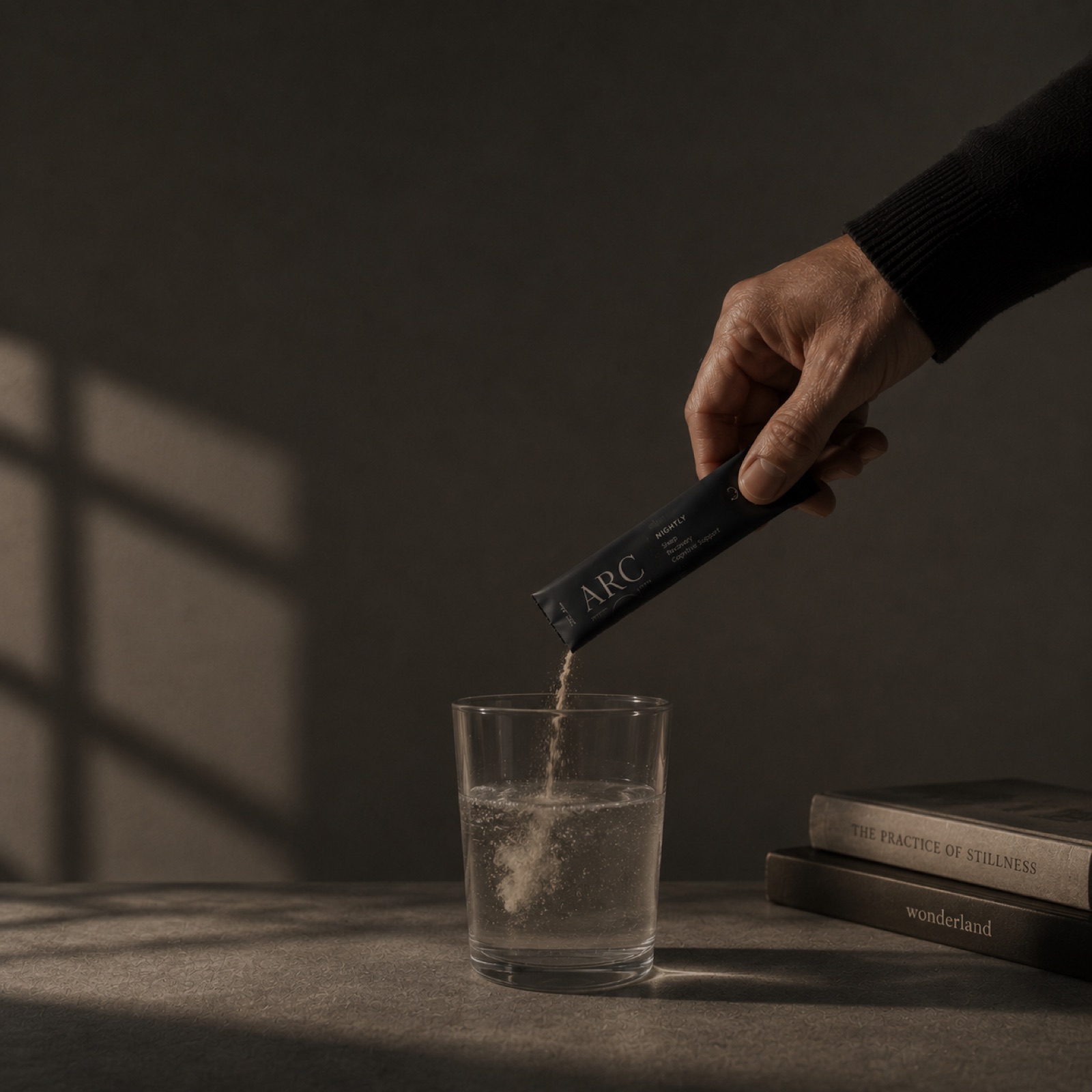 ARC Nightly — a hand pouring a stick into a glass of water beside an open book