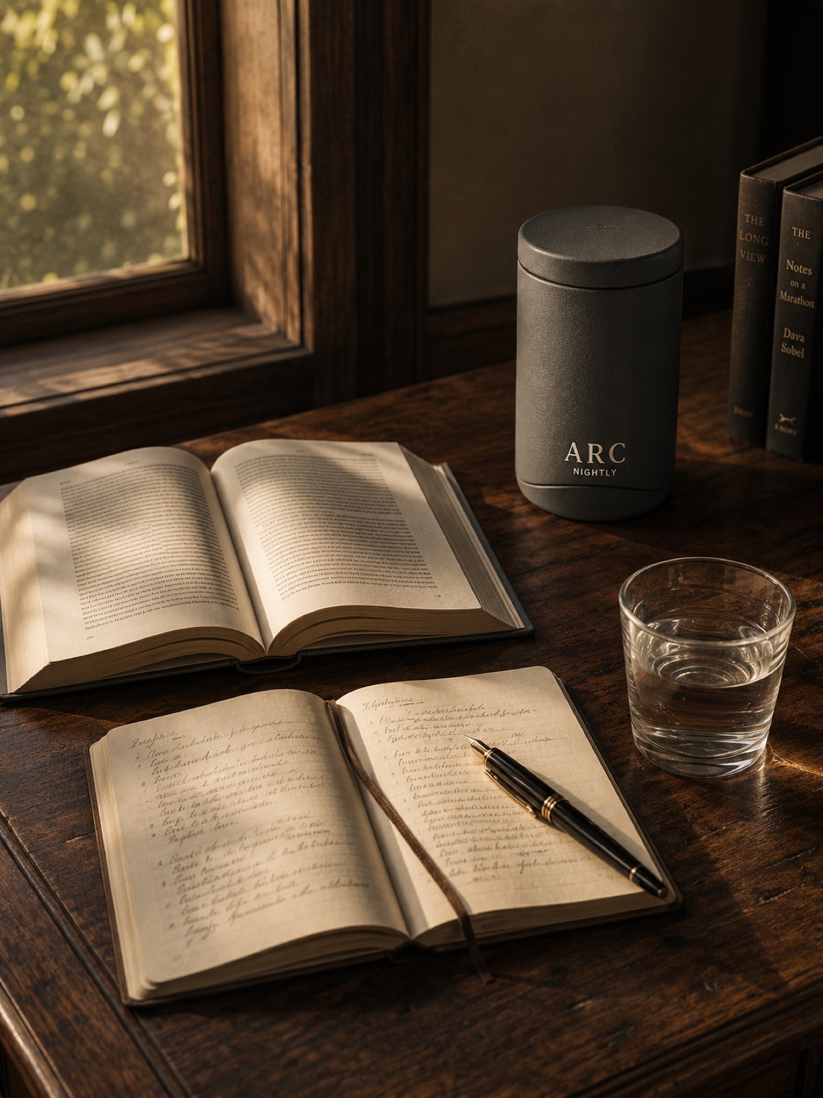 A desk at late afternoon light: an open book, a notebook with handwritten notes, a fountain pen, a glass of water, and the ARC ceramic vessel. Two book spines visible in the background — 'The Long View' and 'Notes on a Marathon.'