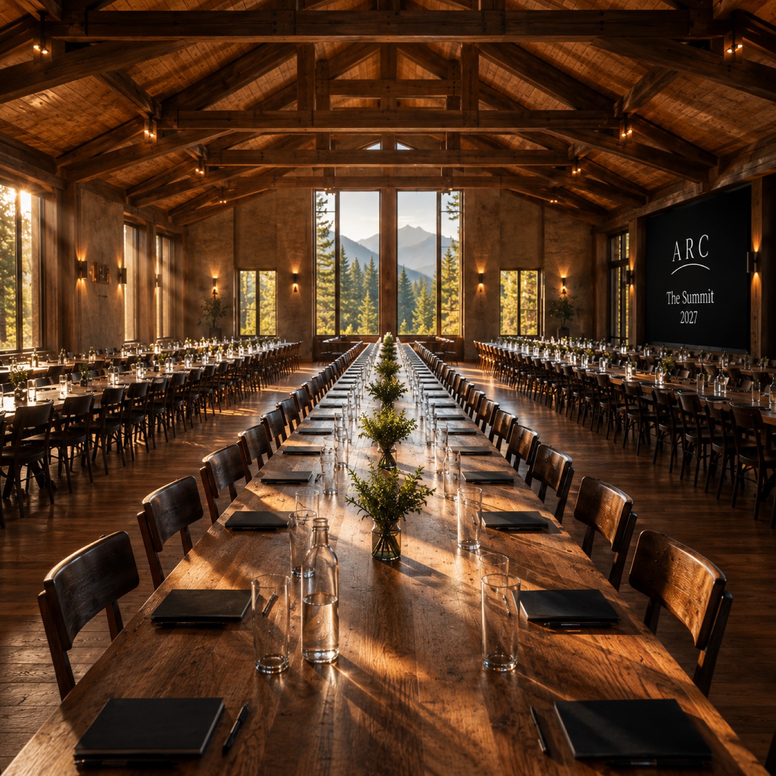 The Summit venue — a long wood table set for the founder's group, late golden light through windows facing mountains, the ARC mark on the back wall